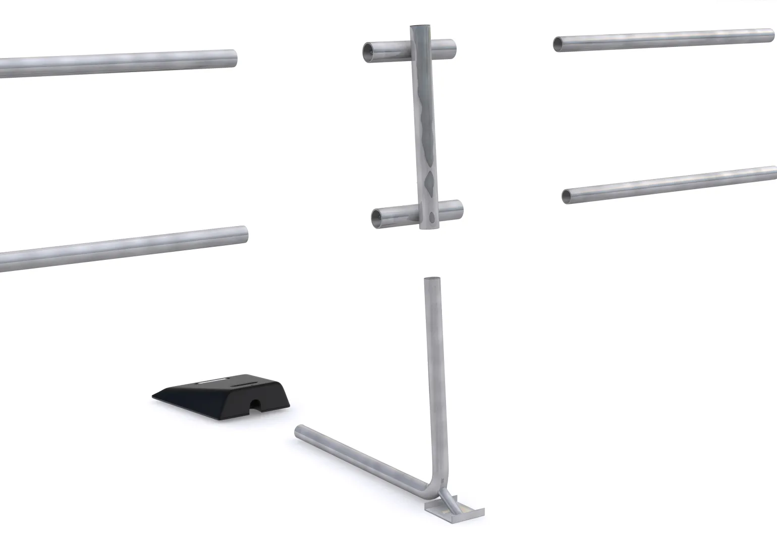 System Components Overview
The EazyRoof system is formed from a range of compatible components that work together to create a continuous edge protection barrier:
Support uprights form the structural backbone of the system, with adjustable top risers allowing overall guardrail heights between 1.0m and 1.3m while maintaining consistent rail spacing
Cross rails span between uprights in 2.5m lengths, providing continuous protection along roof edges and around corners
Swept bends and double-end terminations allow clean, secure changes of direction and safe termination of guardrail runs
Freestanding counterweights deliver non-penetrative stability, while fixed support uprights are available where roof deck or parapet fixing is required
All components are designed to work together seamlessly, ensuring straightforward installation, adjustment and long-term reliability.